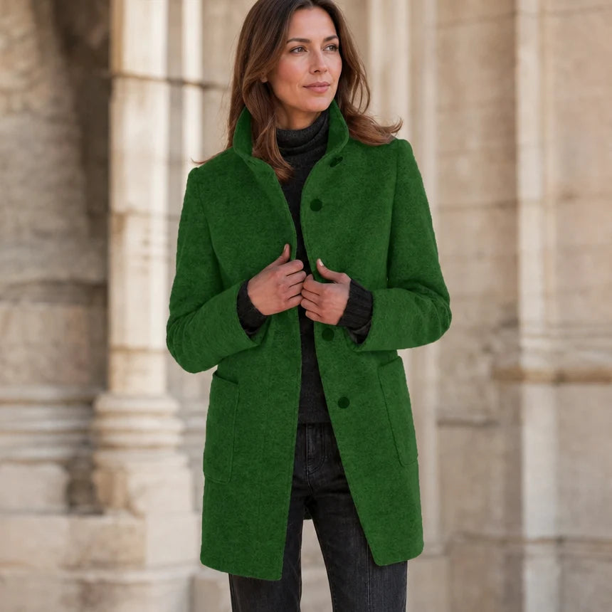 Camille | Mid-Thigh Button-Front Coat with Stand Collar