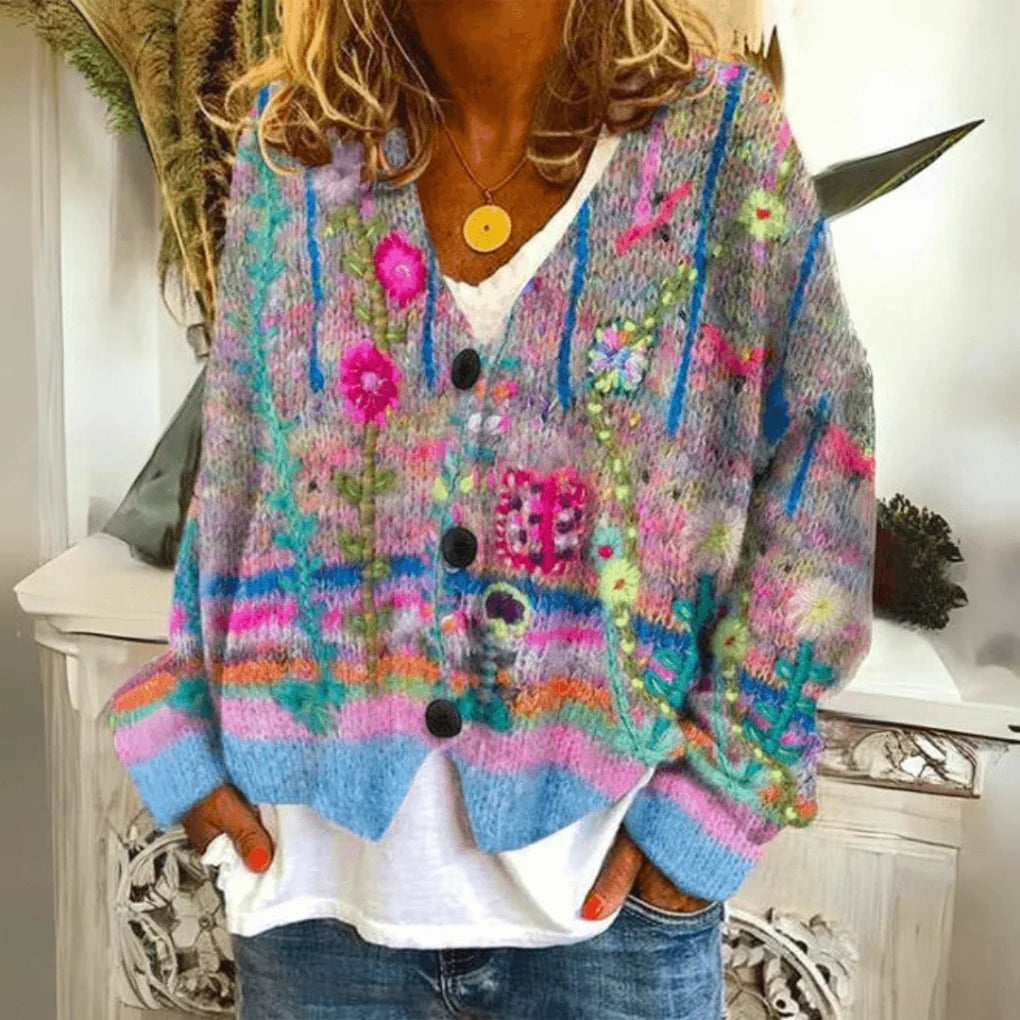 Daniela | Embroidered Floral Knit Cardigan with V-Neck