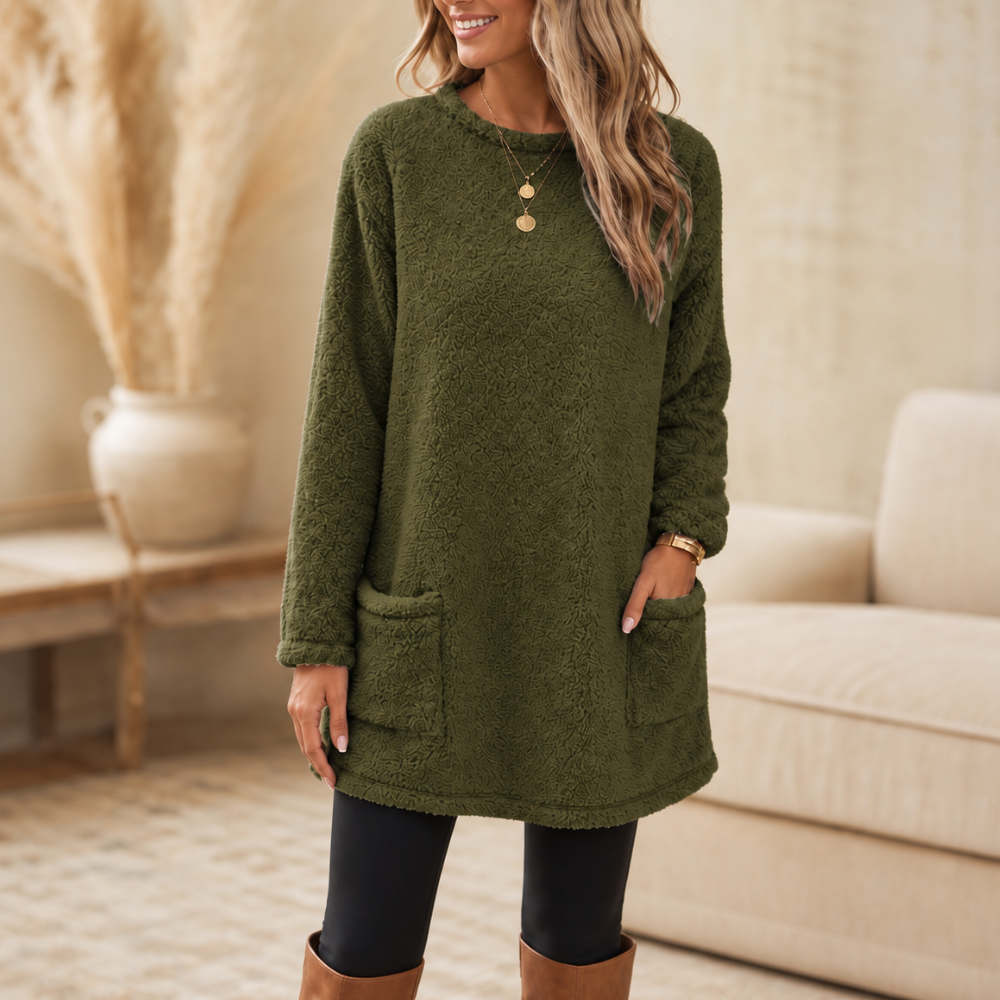 Ellie | Brushed-Lined Tunic Top with Front Pockets - Olive green