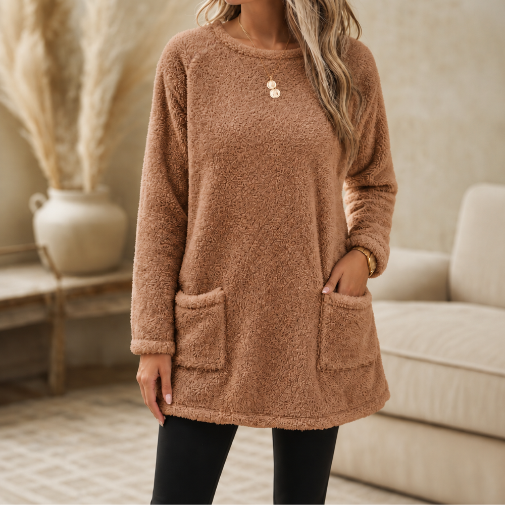 Ellie | Brushed-Lined Tunic Top with Front Pockets - Camel
