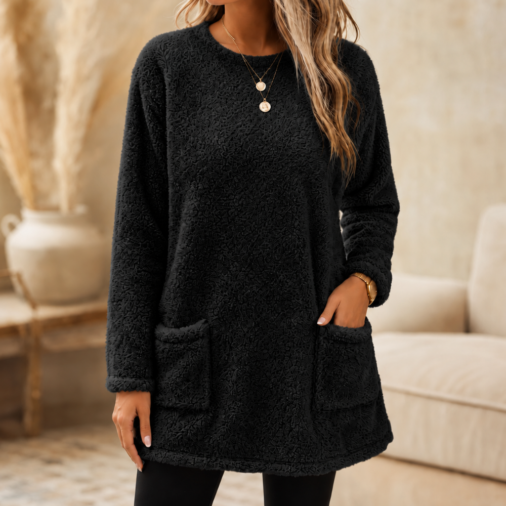 Ellie | Brushed-Lined Tunic Top with Front Pockets - Black