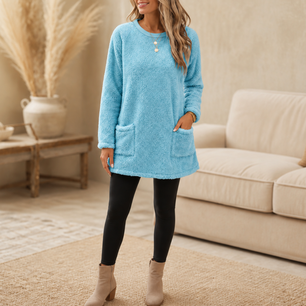 Ellie | Brushed-Lined Tunic Top with Front Pockets - Sky blue