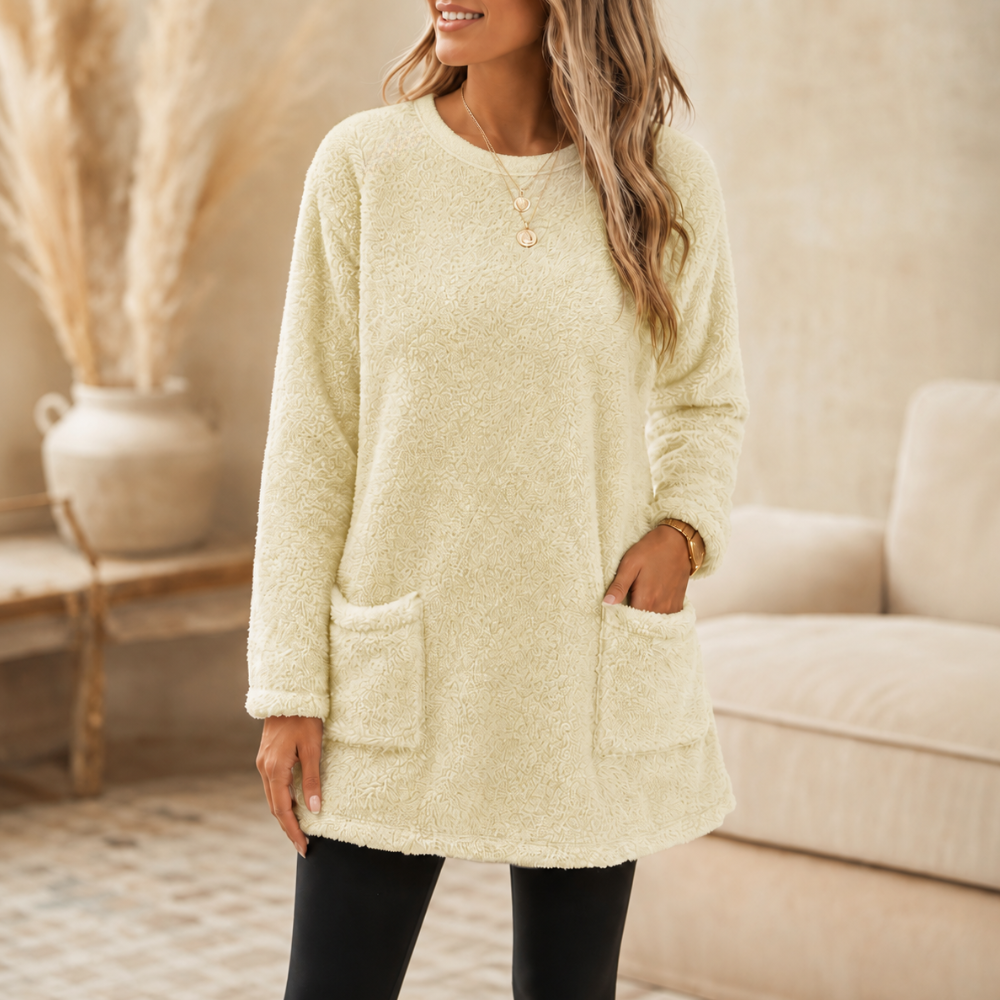 Ellie | Brushed-Lined Tunic Top with Front Pockets - Cream