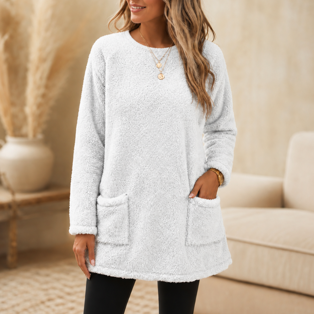 Ellie | Brushed-Lined Tunic Top with Front Pockets - White
