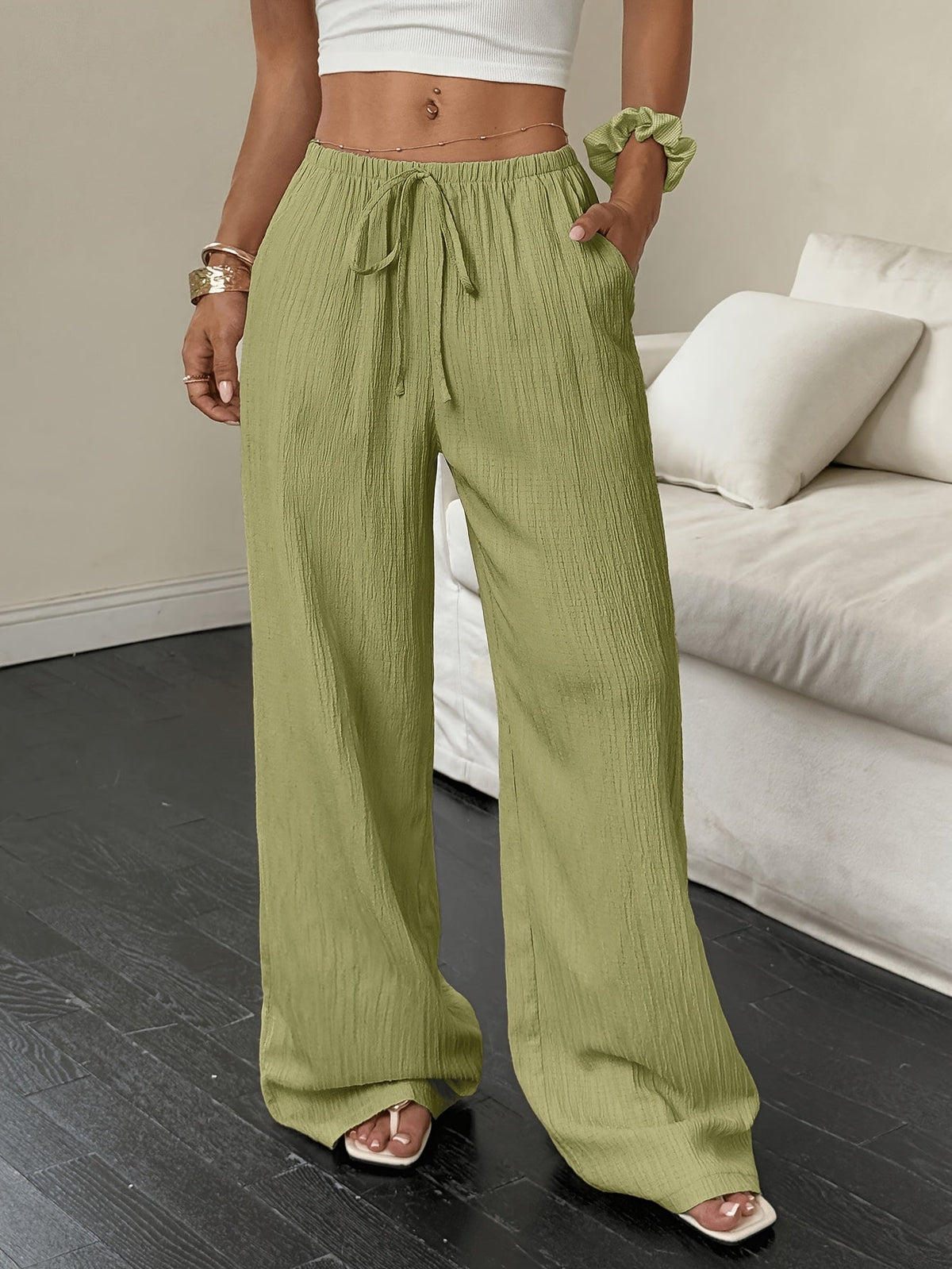 Makayla | Crinkled Wide-Leg Pants with Drawstring Waist