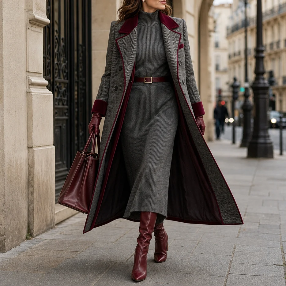 Natalie | Herringbone Long Coat with Velvet-Look Trim