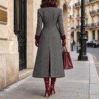 Natalie | Herringbone Long Coat with Velvet-Look Trim