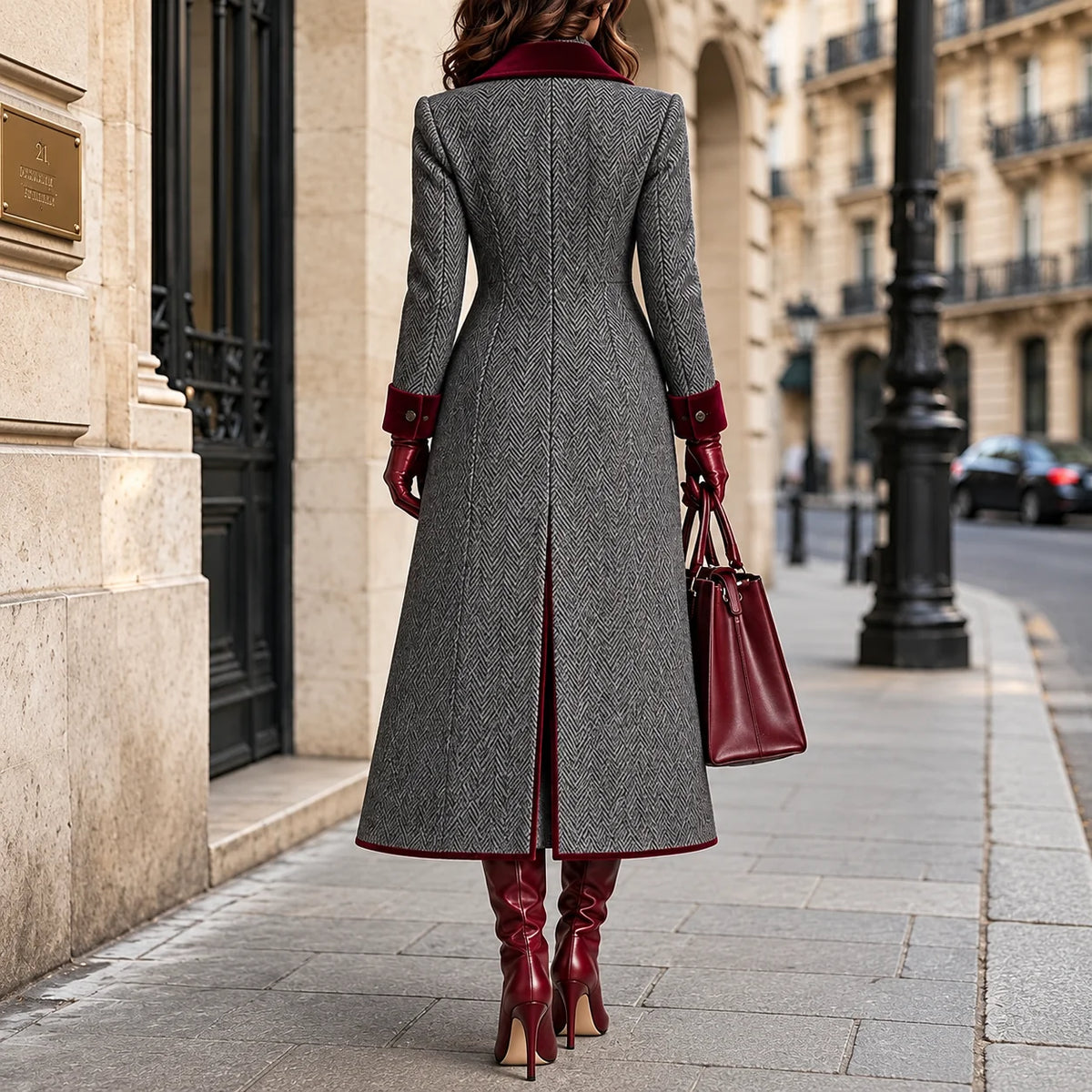 Natalie | Herringbone Long Coat with Velvet-Look Trim