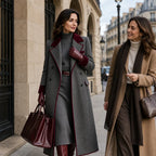 Natalie | Herringbone Long Coat with Velvet-Look Trim