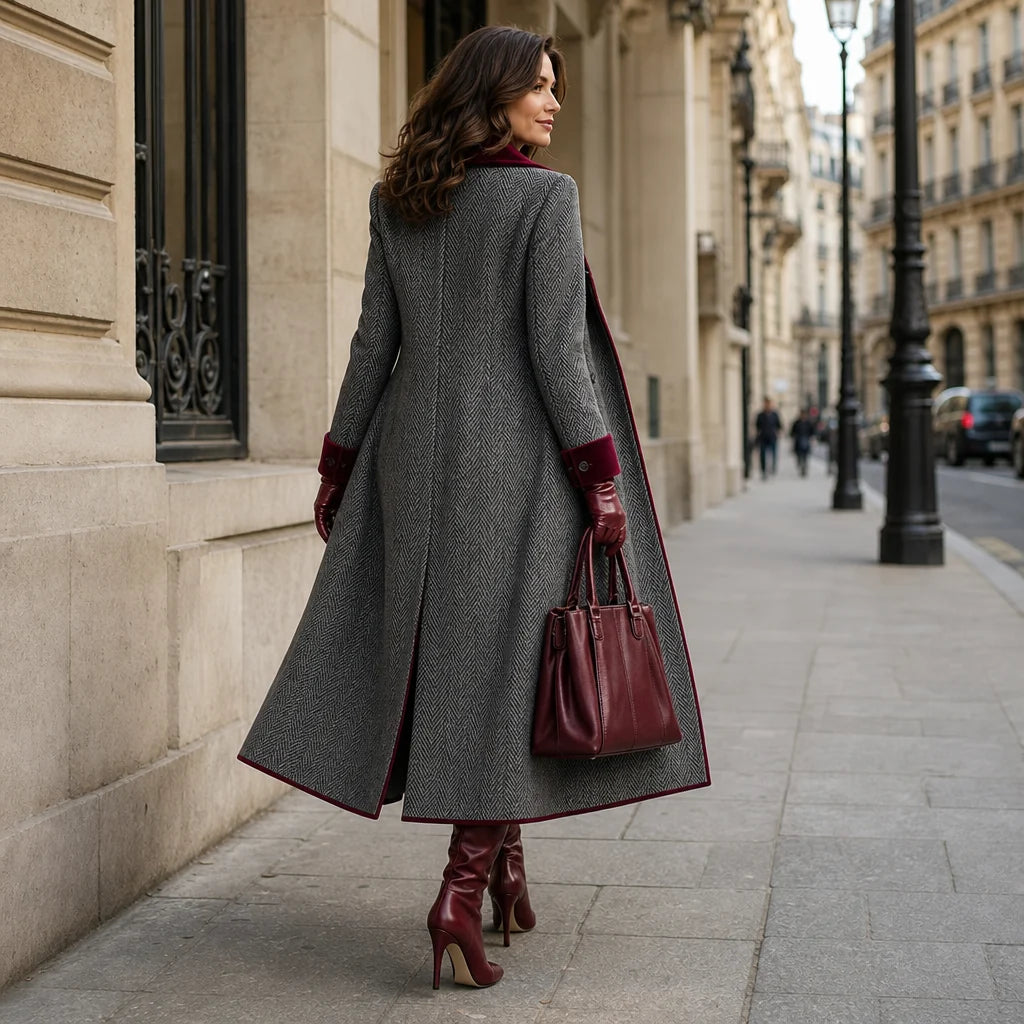Natalie | Herringbone Long Coat with Velvet-Look Trim
