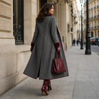 Natalie | Herringbone Long Coat with Velvet-Look Trim