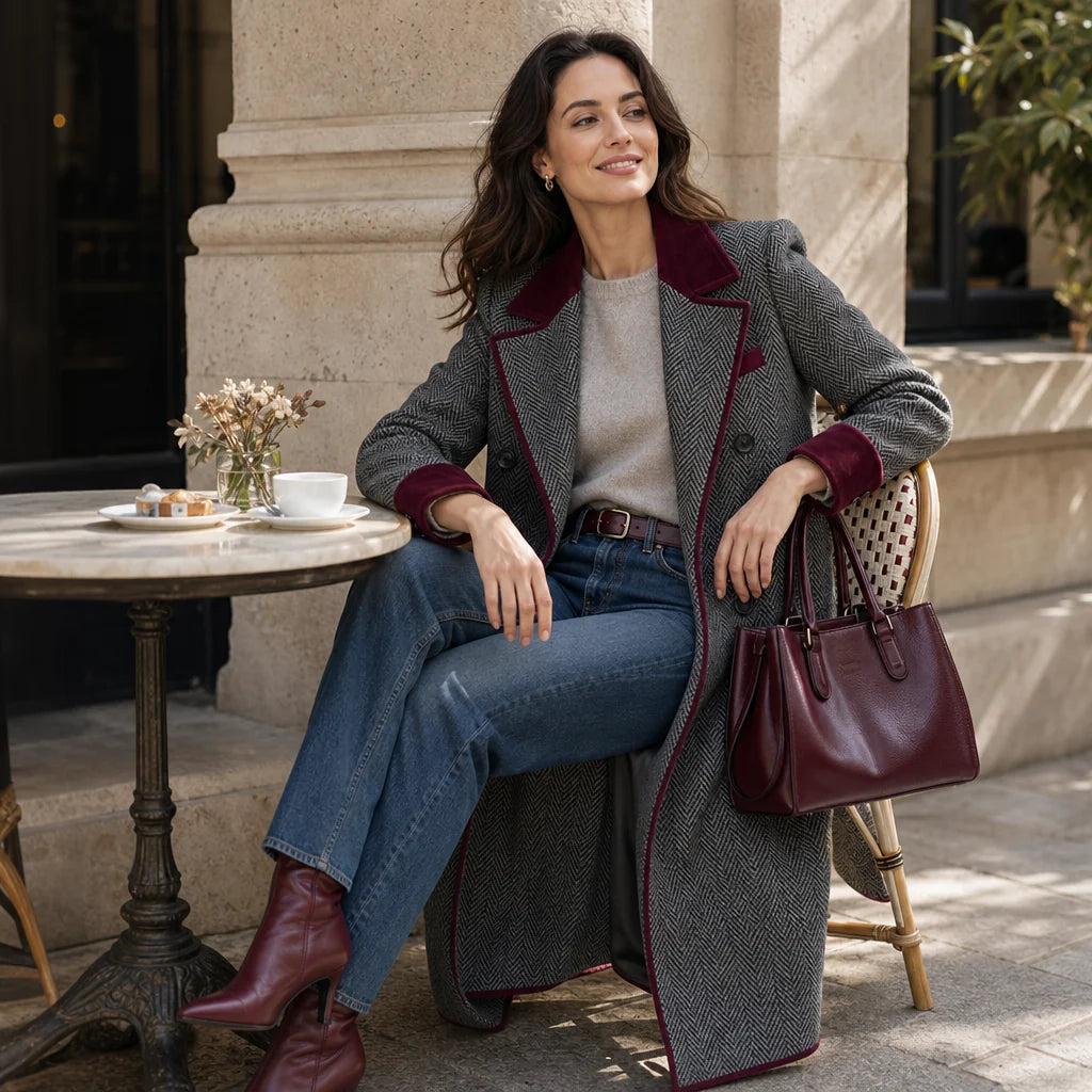 Natalie | Herringbone Long Coat with Velvet-Look Trim