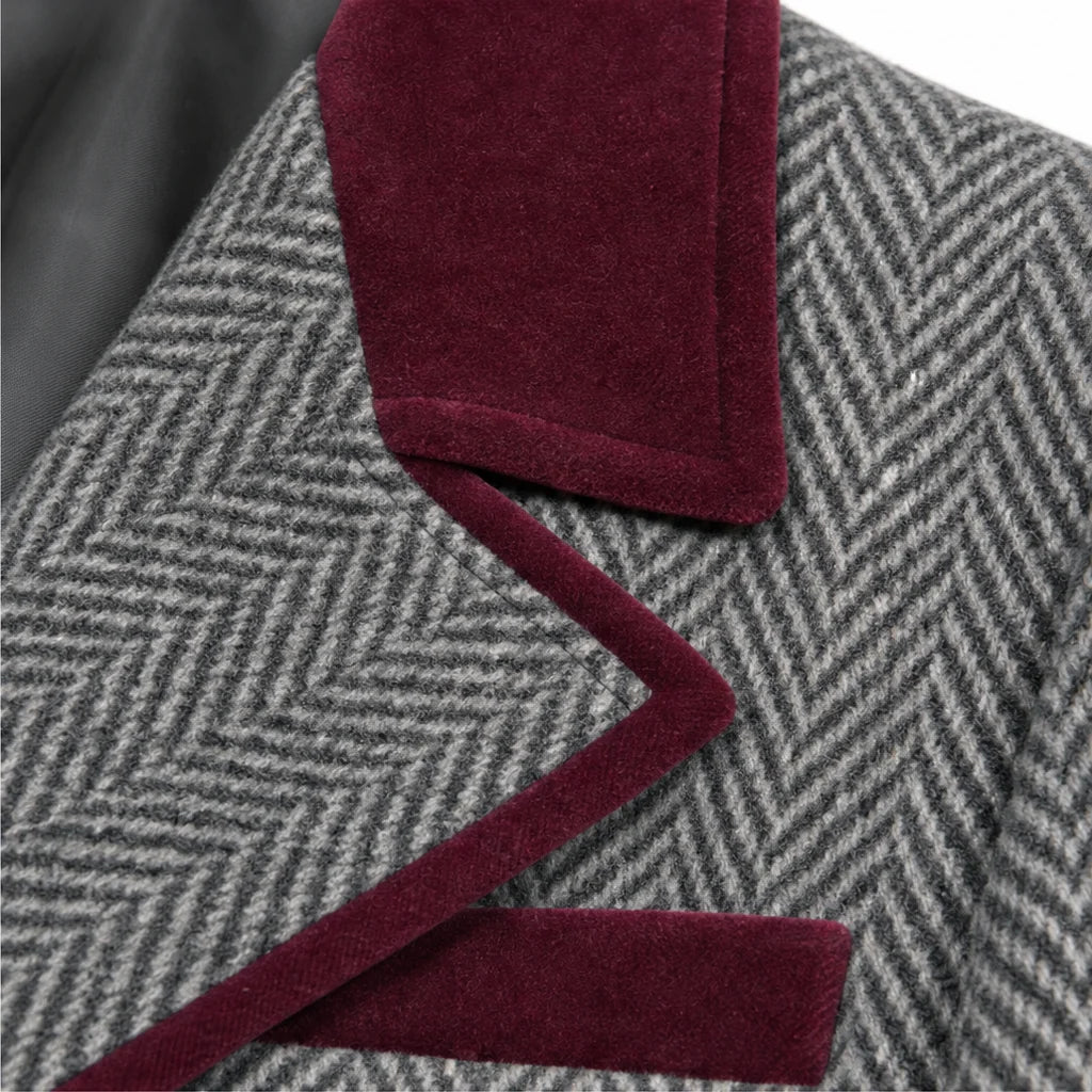 Natalie | Herringbone Long Coat with Velvet-Look Trim