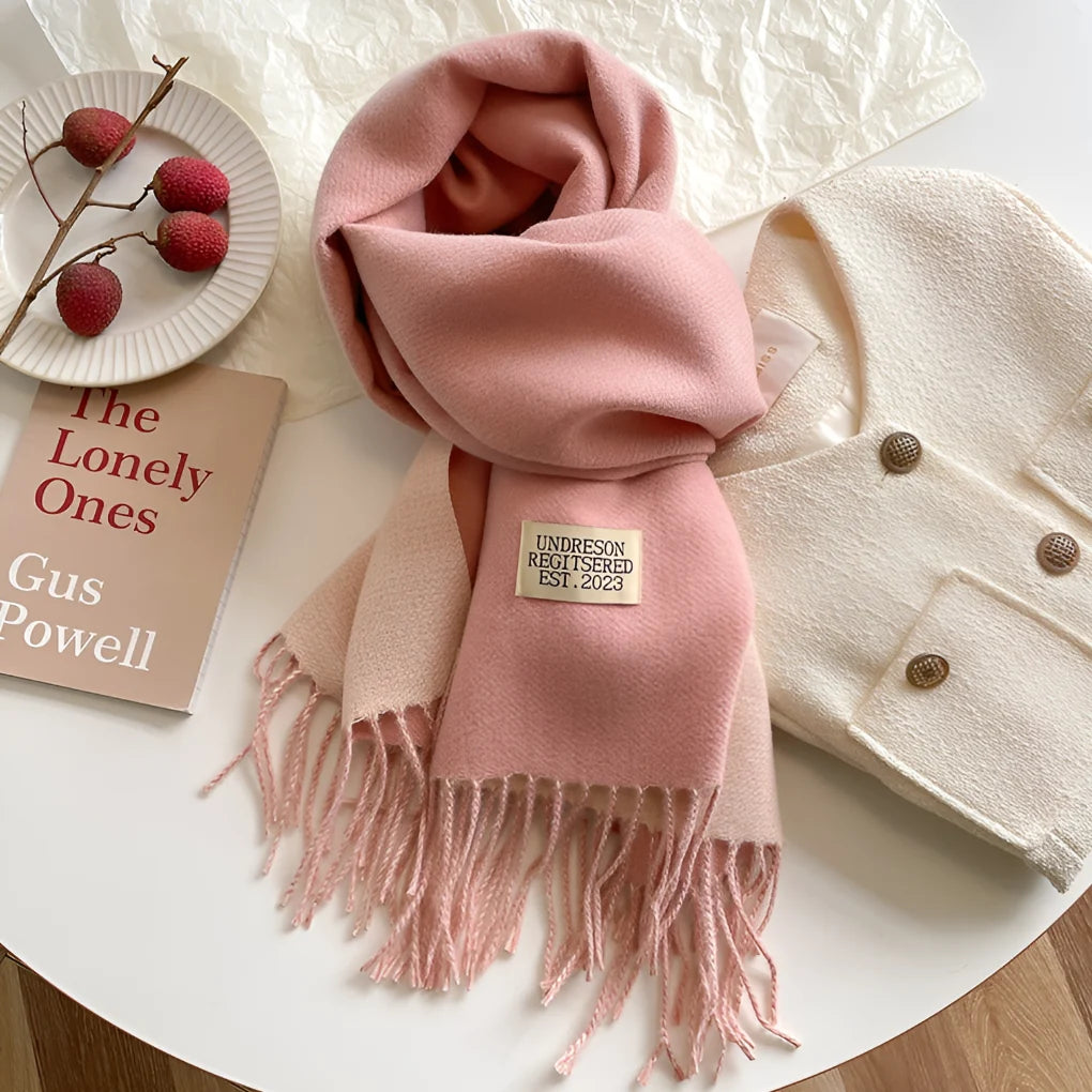 Nadia | Woven Scarf with Fringes and Logo Patch