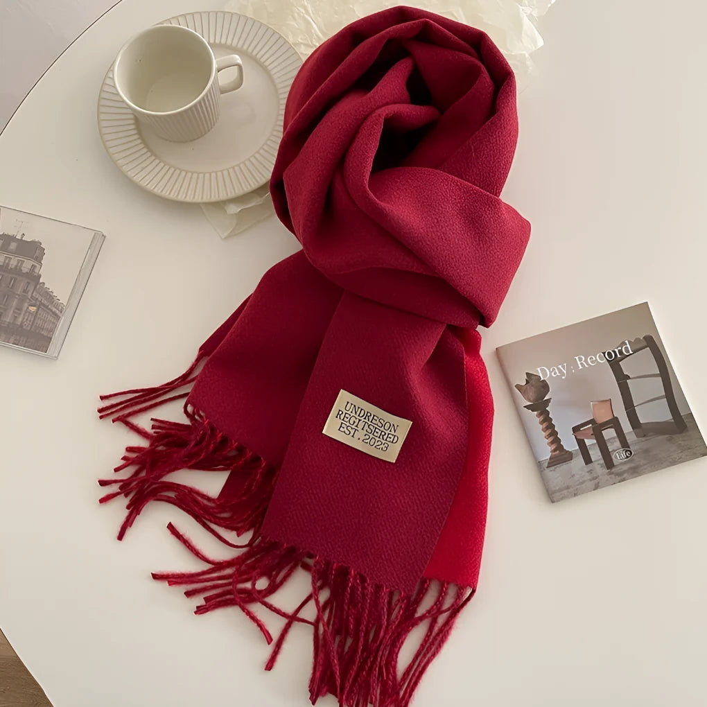 Nadia | Woven Scarf with Fringes and Logo Patch