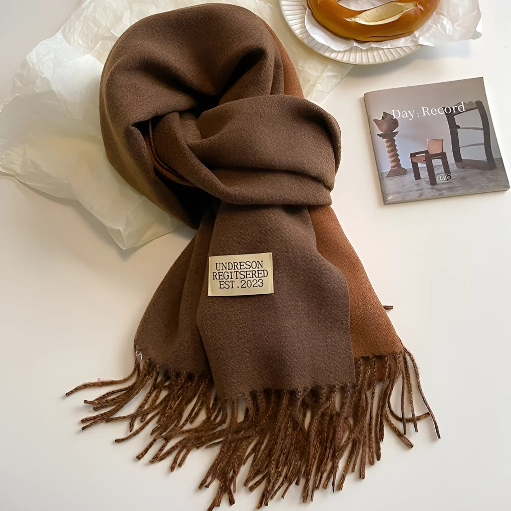 Nadia | Woven Scarf with Fringes and Logo Patch