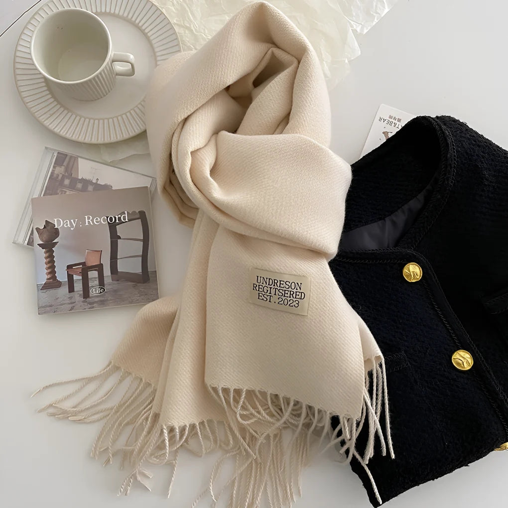 Nadia | Woven Scarf with Fringes and Logo Patch