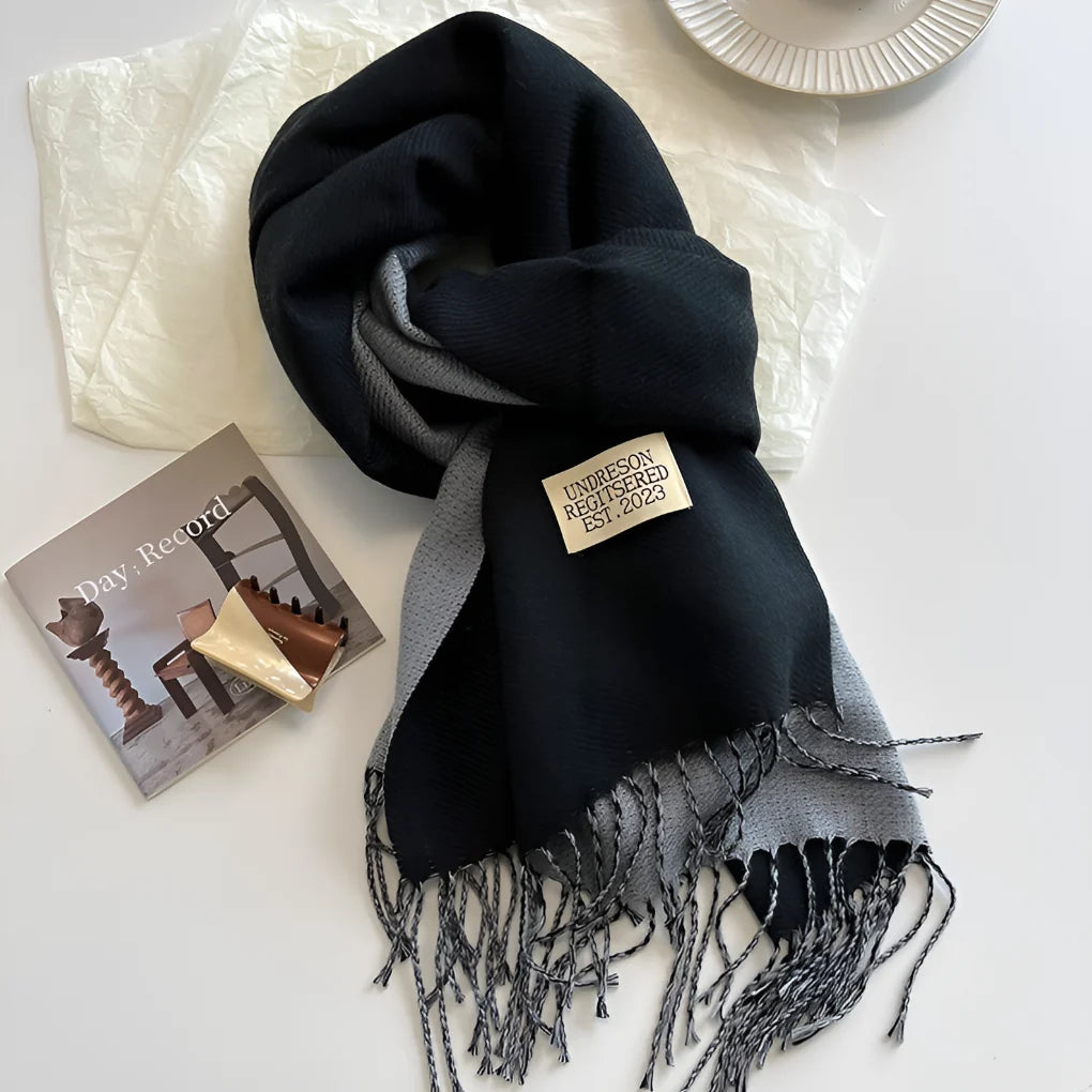 Nadia | Woven Scarf with Fringes and Logo Patch