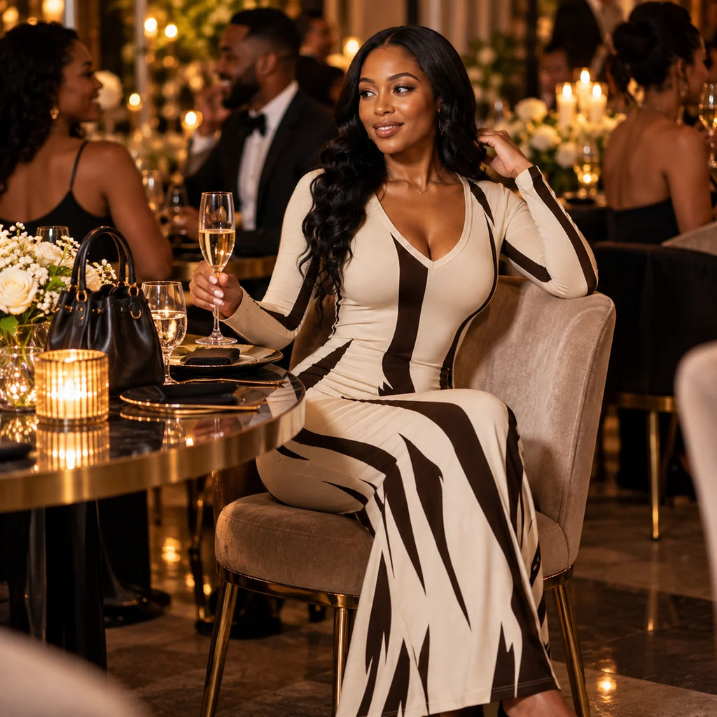 Megan | Printed Long-Sleeve Bodycon Maxi Dress
