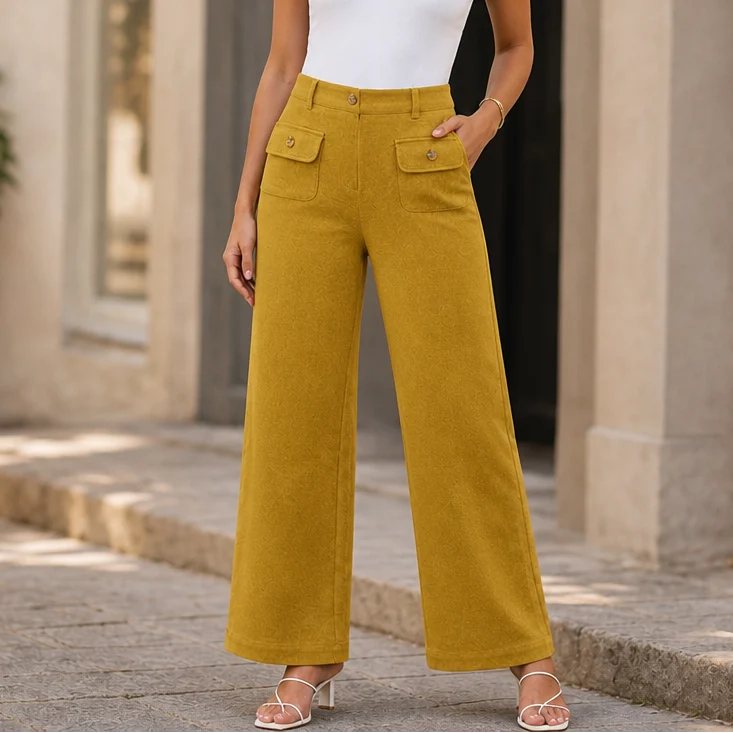 Wynelle Wide-Leg Trousers | High-Waisted, Buttoned, Smooth Polyester 11