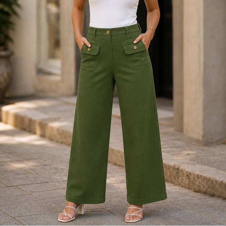 Wynelle Wide-Leg Trousers | High-Waisted, Buttoned, Smooth Polyester 13