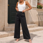 Wynelle Wide-Leg Trousers | High-Waisted, Buttoned, Smooth Polyester 2