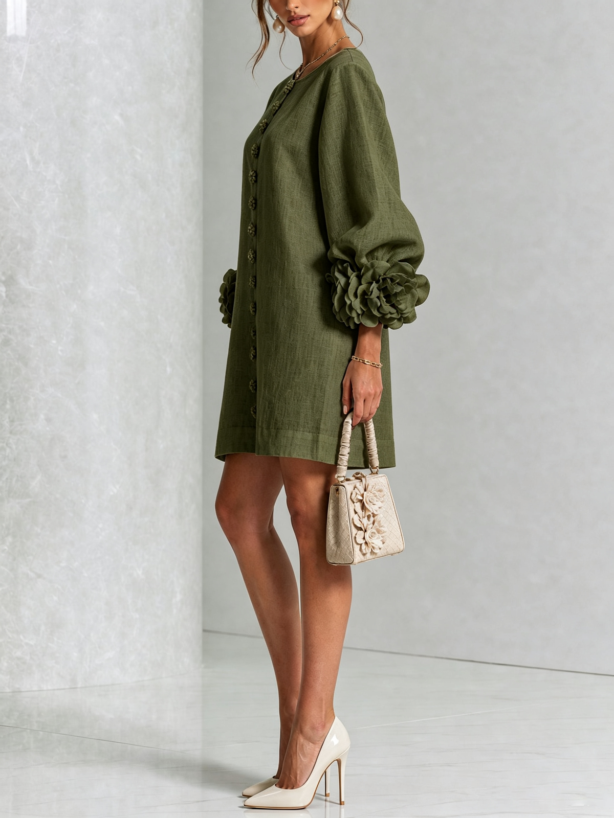 Adriana | Round-Neck Long-Sleeve A-Line Mini Dress