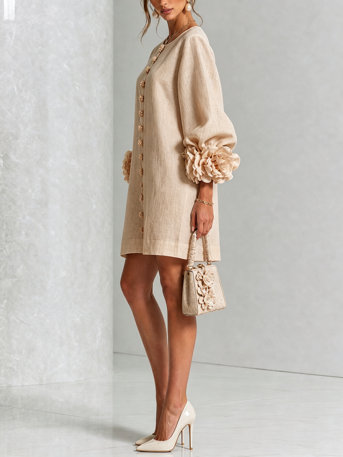 Adriana | Round-Neck Long-Sleeve A-Line Mini Dress