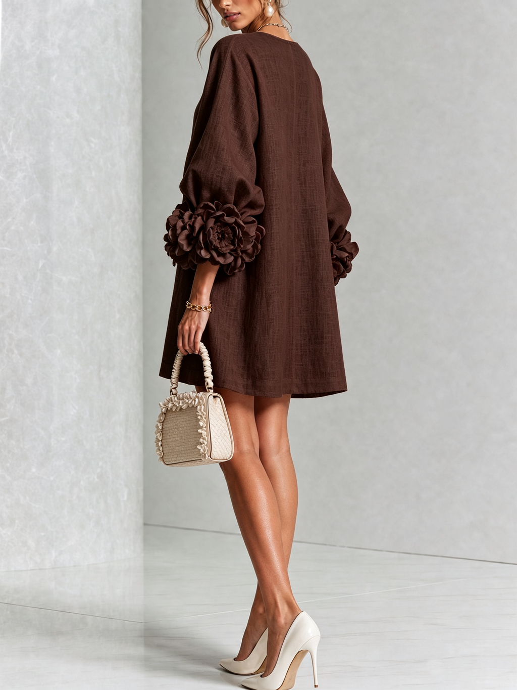 Adriana | Round-Neck Long-Sleeve A-Line Mini Dress