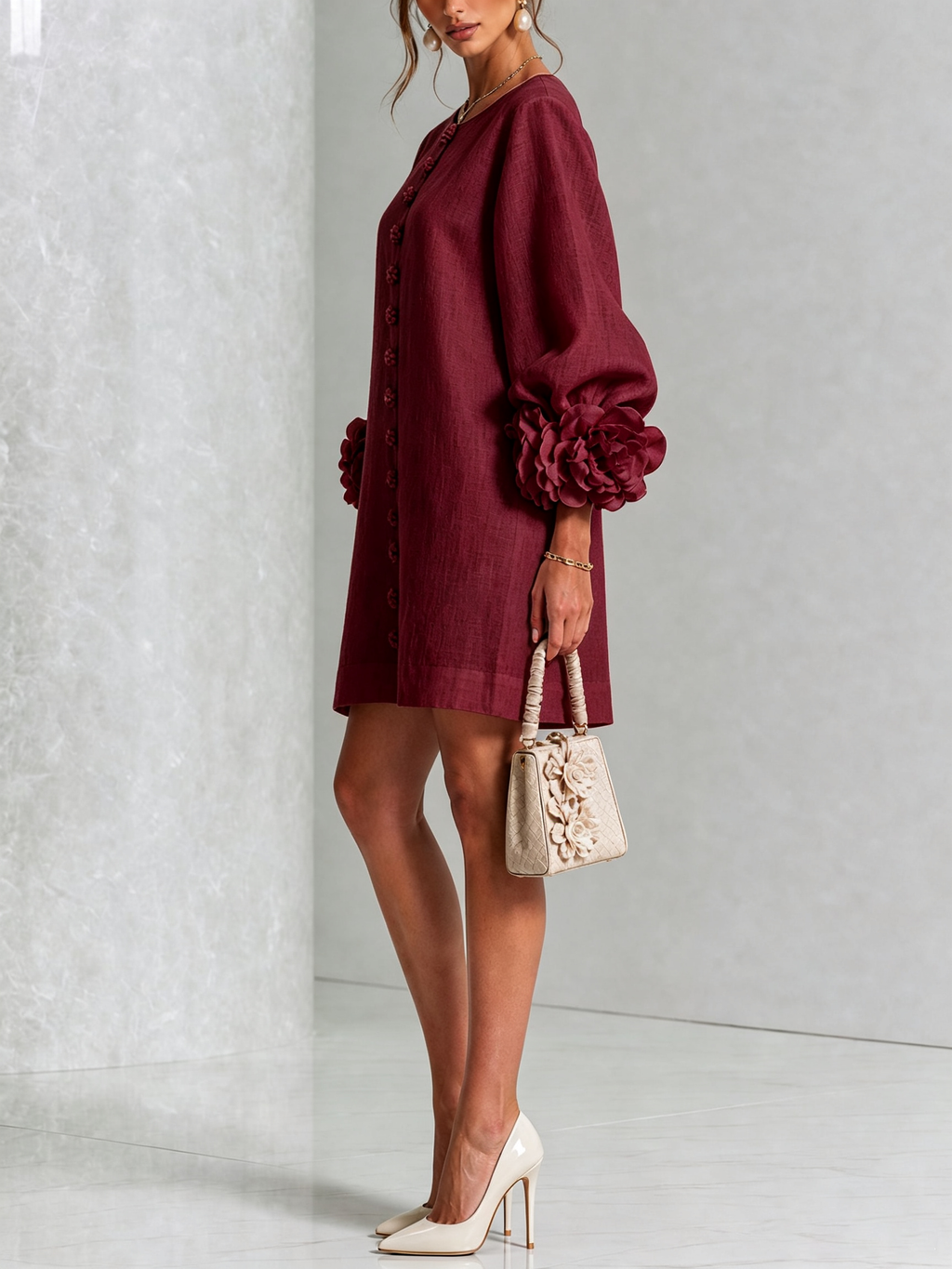 Adriana | Round-Neck Long-Sleeve A-Line Mini Dress