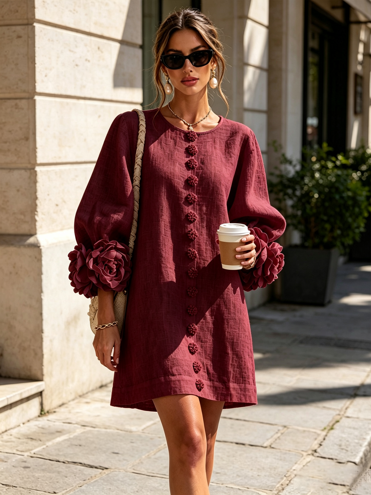 Adriana | Round-Neck Long-Sleeve A-Line Mini Dress
