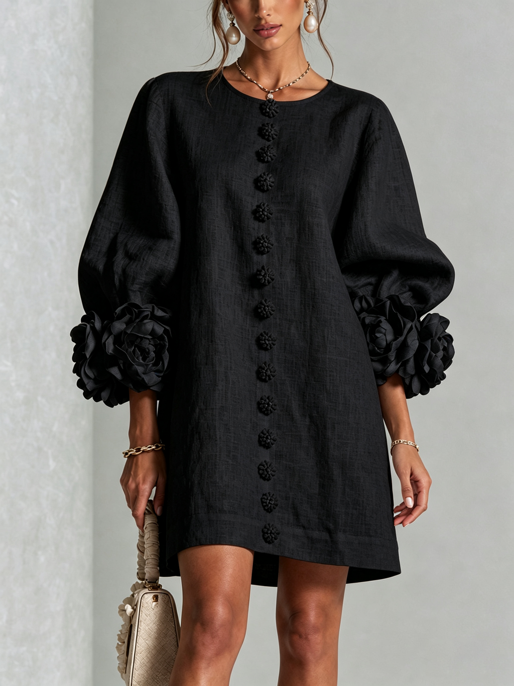 Adriana | Round-Neck Long-Sleeve A-Line Mini Dress