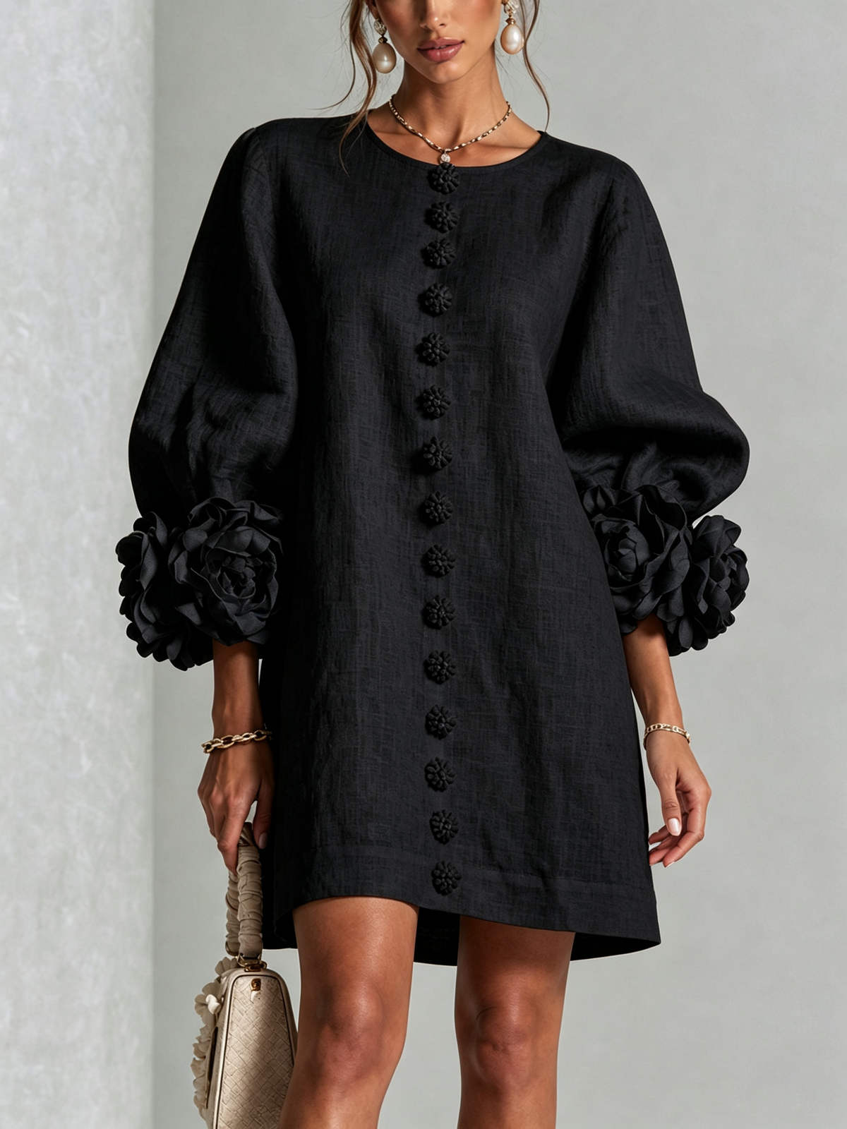 Adriana | Round-Neck Long-Sleeve A-Line Mini Dress