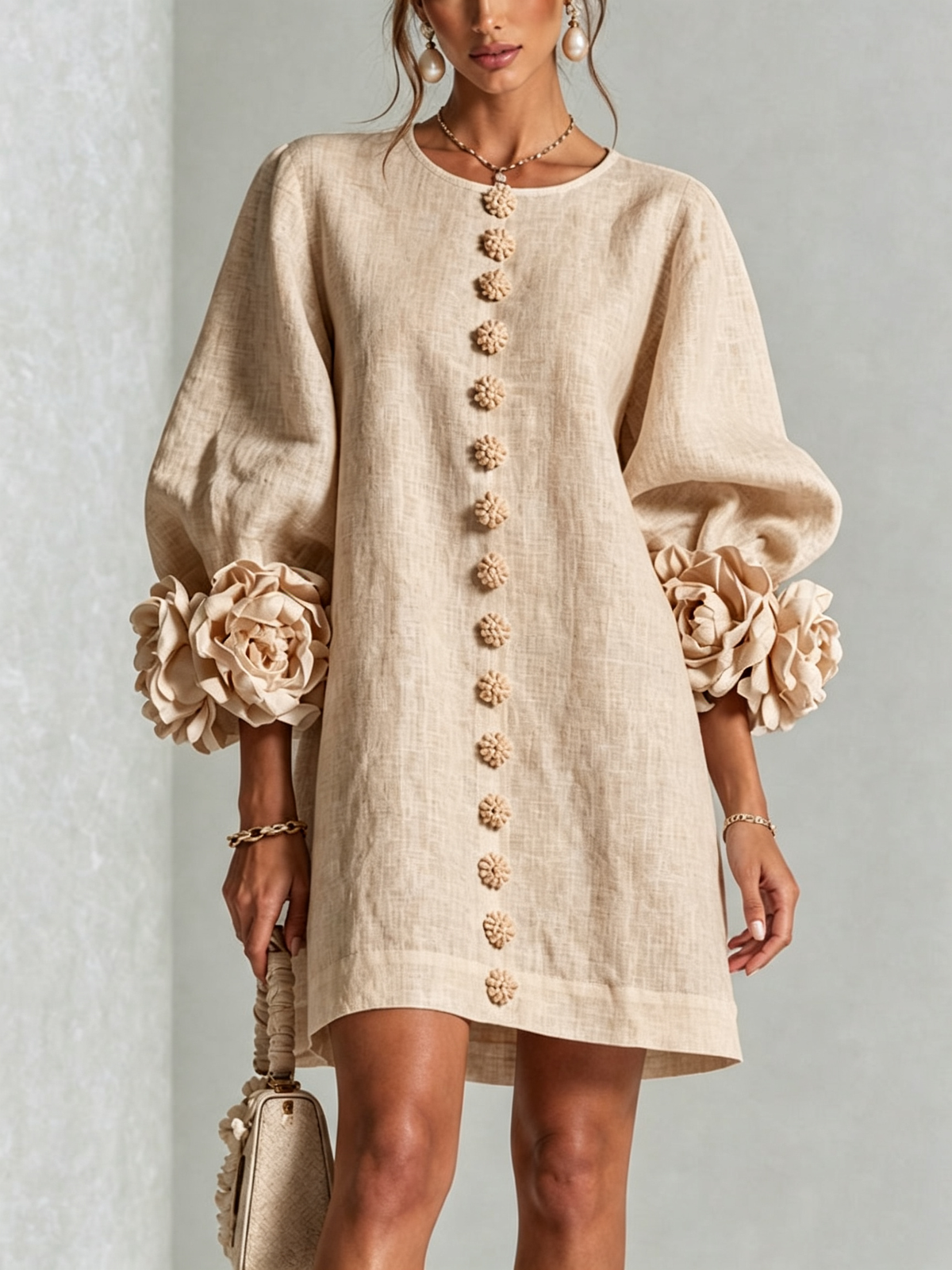 Adriana | Round-Neck Long-Sleeve A-Line Mini Dress
