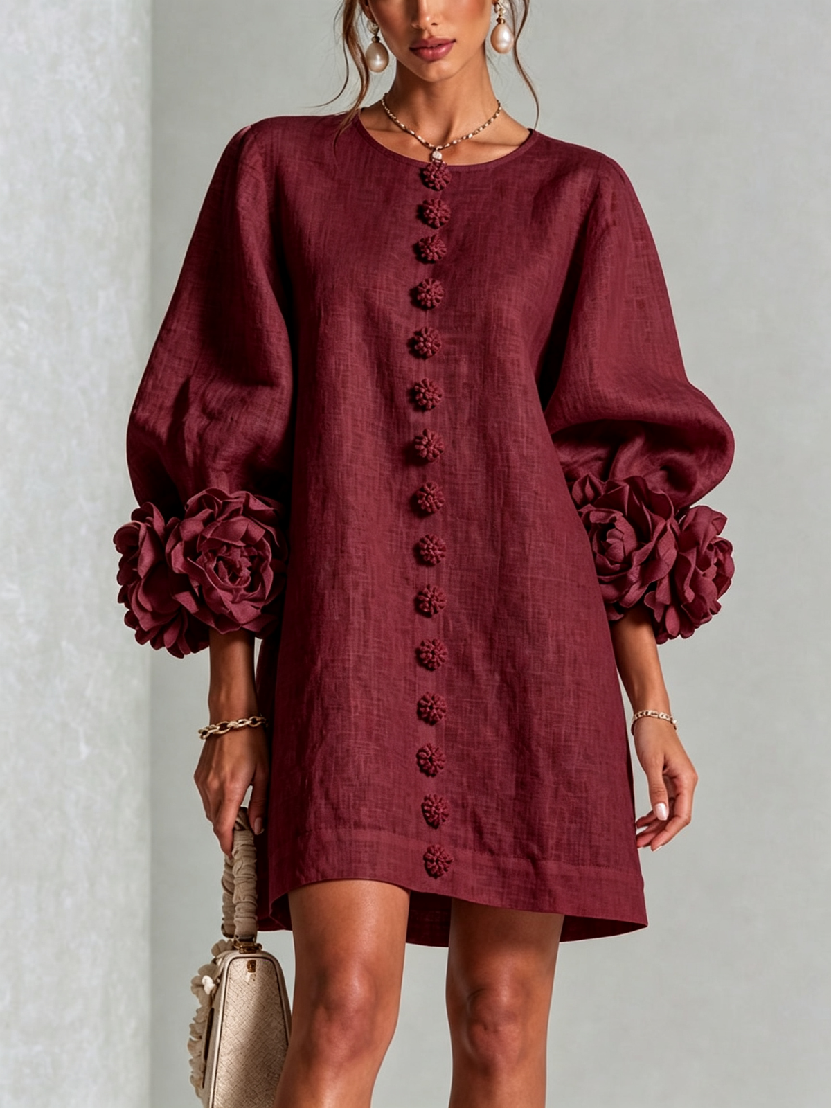 Adriana | Round-Neck Long-Sleeve A-Line Mini Dress