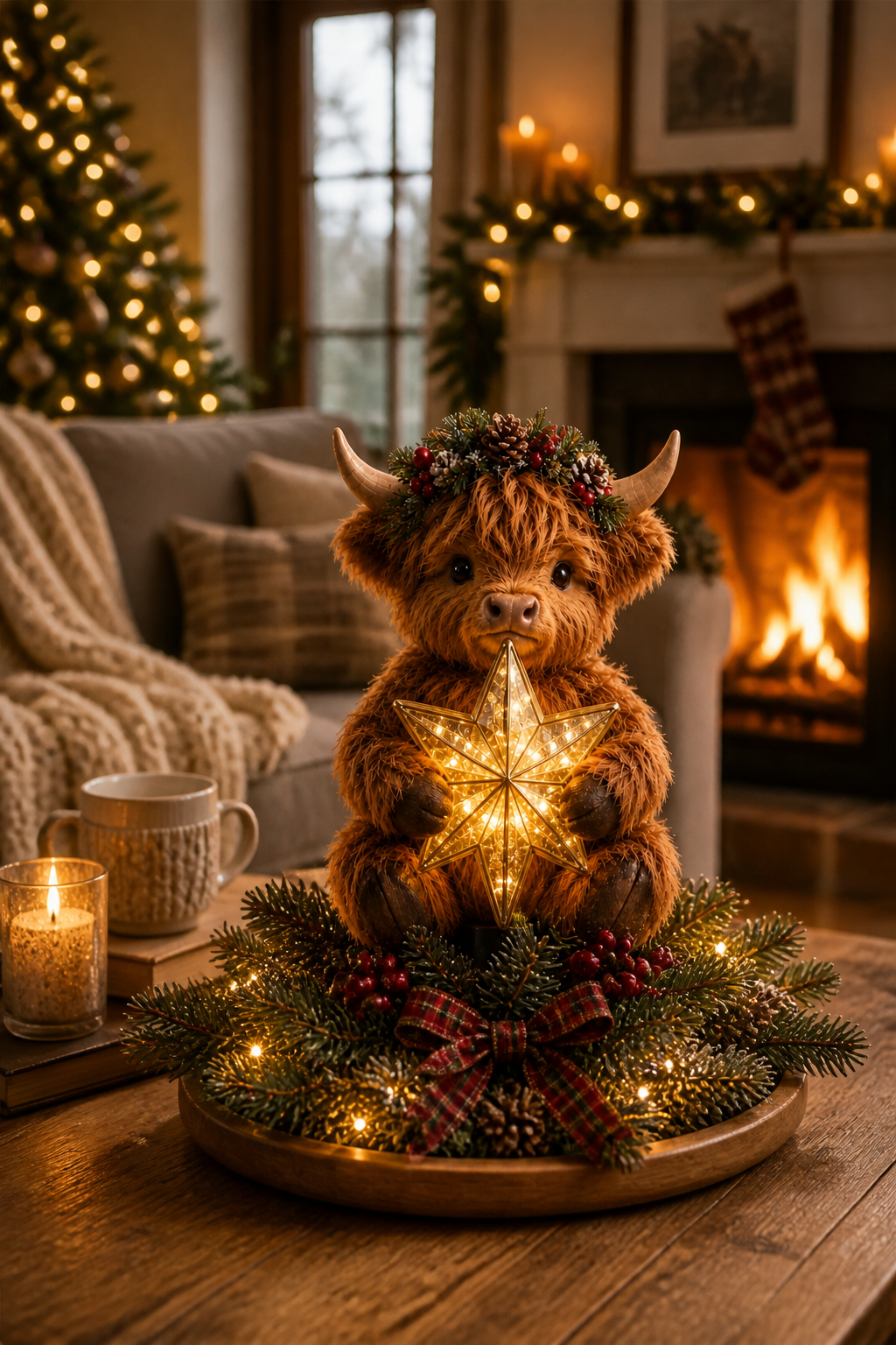 Highland Cow Tree Topper with Glowing Star