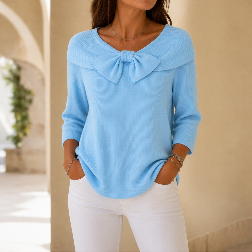 Alivia | Soft Bow-Neck Ribbed Sweater