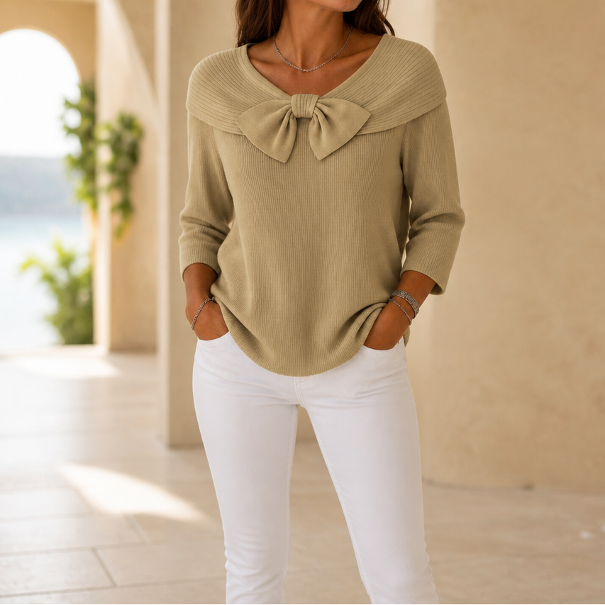 Alivia | Soft Bow-Neck Ribbed Sweater