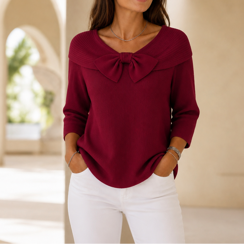 Alivia | Soft Bow-Neck Ribbed Sweater