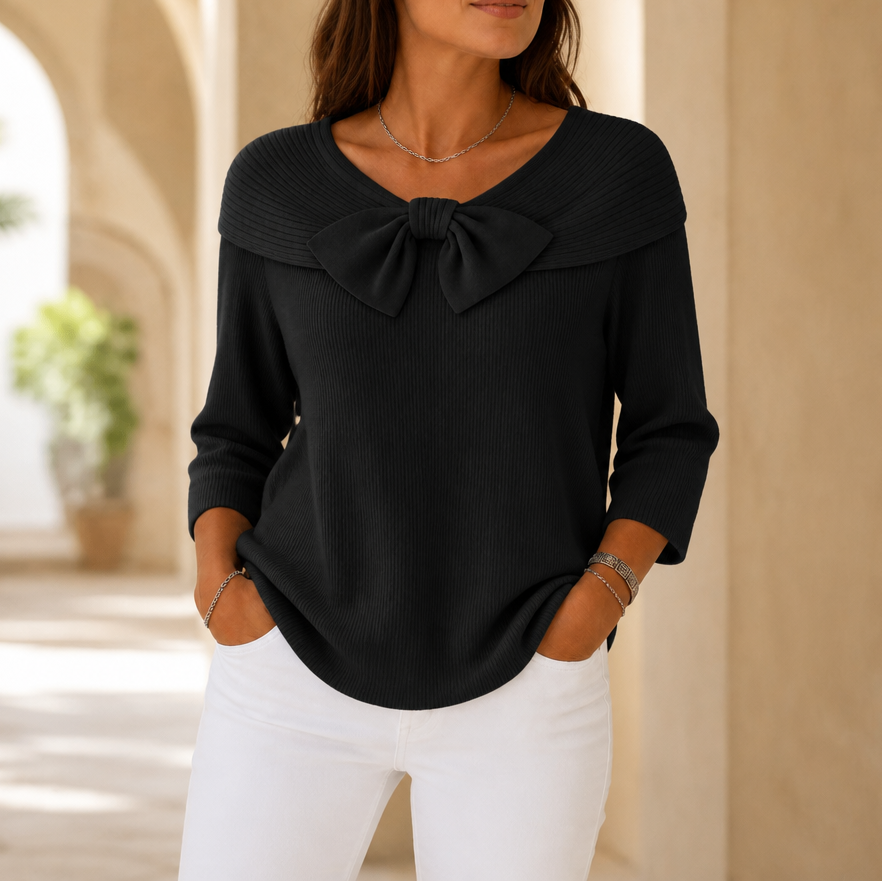 Alivia | Soft Bow-Neck Ribbed Sweater