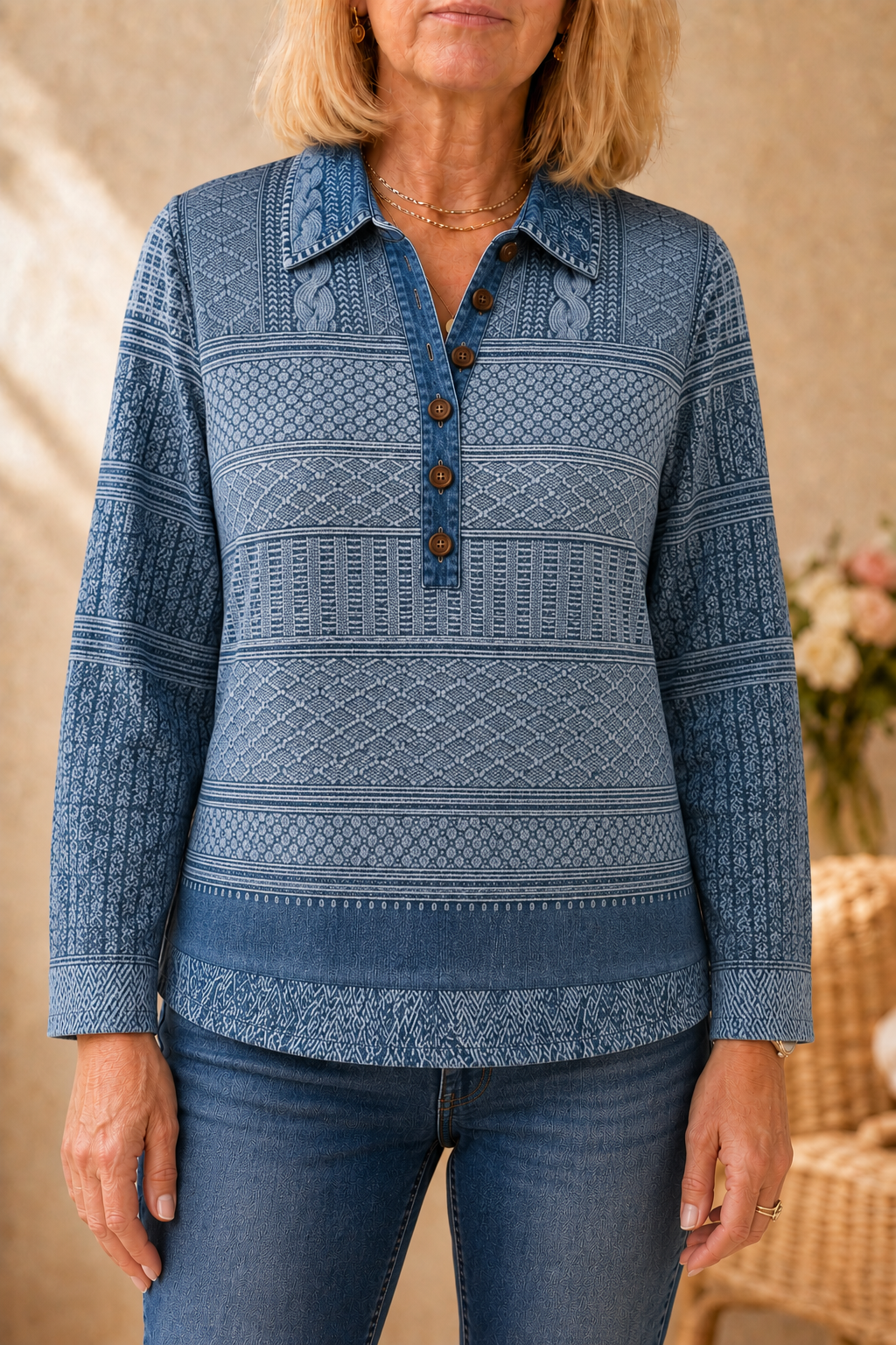 Annalise | Textured Denim-Trim Blouse