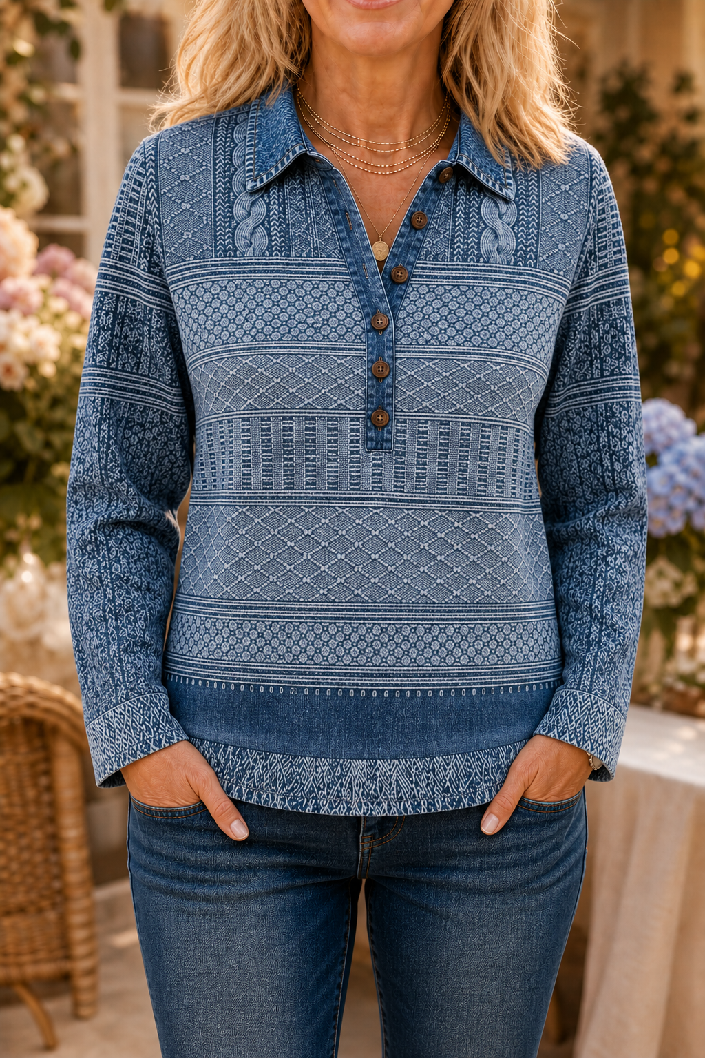 Annalise | Textured Denim-Trim Blouse