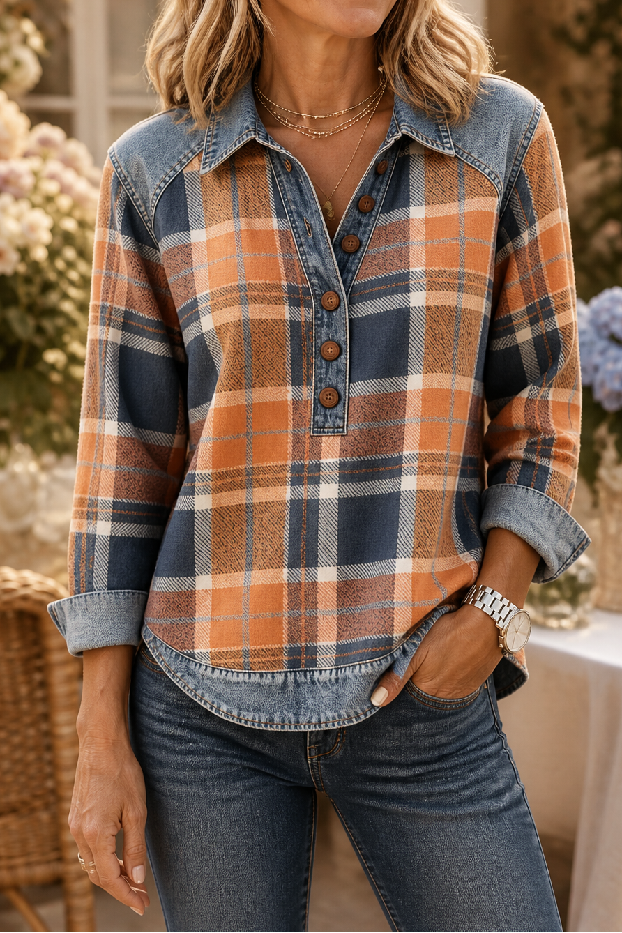 Annalise | Textured Denim-Trim Blouse