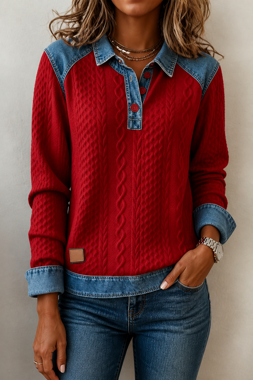 Annalise | Textured Denim-Trim Blouse