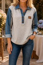 Annalise | Textured Denim-Trim Blouse