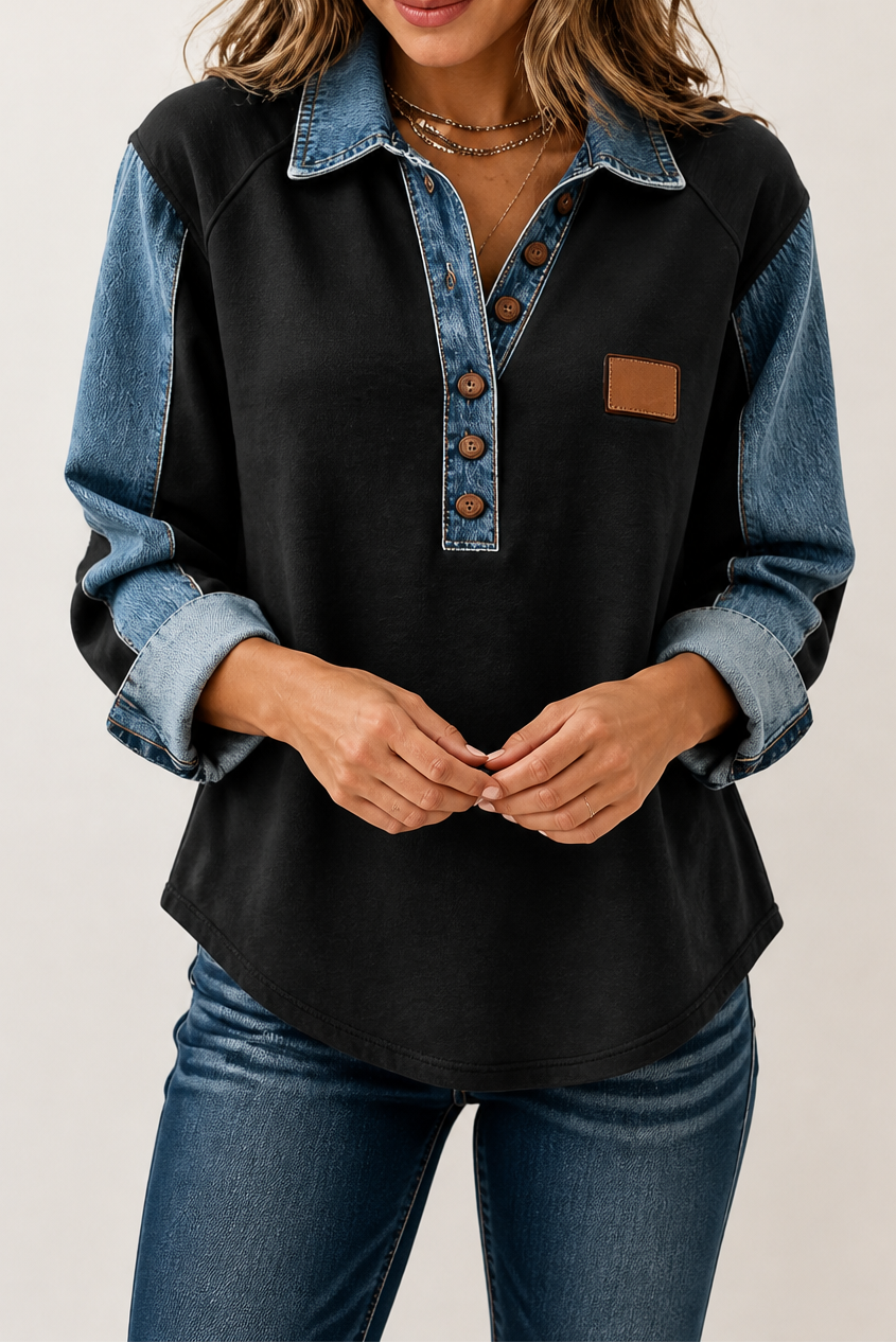 Annalise | Textured Denim-Trim Blouse