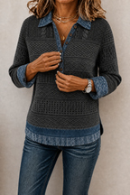 Annalise | Textured Denim-Trim Blouse
