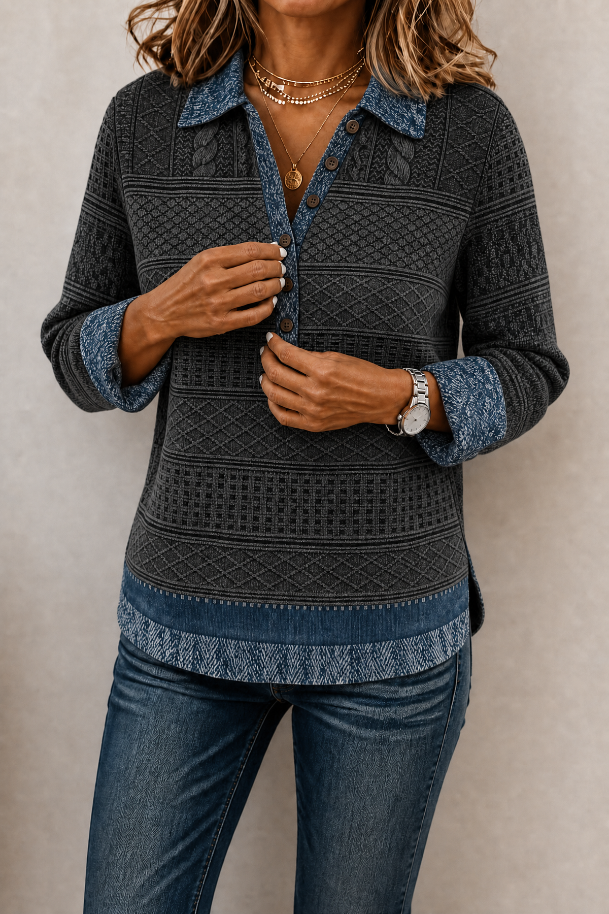 Annalise | Textured Denim-Trim Blouse