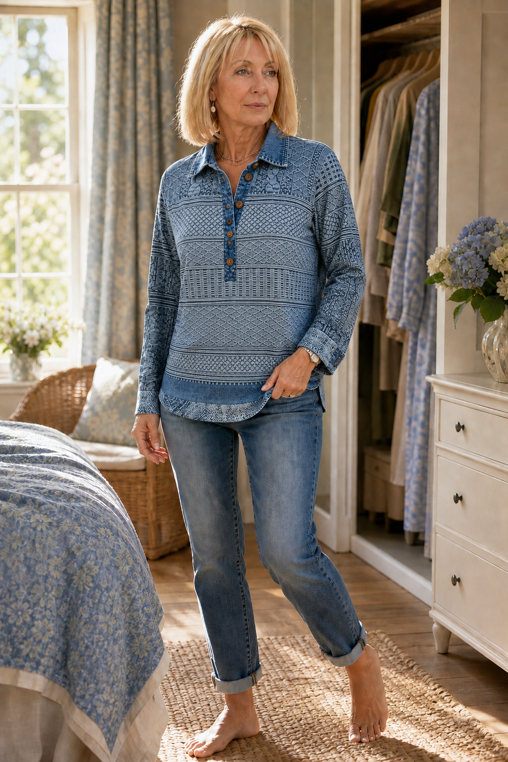 Annalise | Textured Denim-Trim Blouse