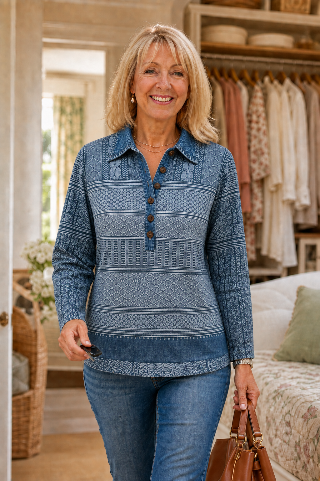 Annalise | Textured Denim-Trim Blouse